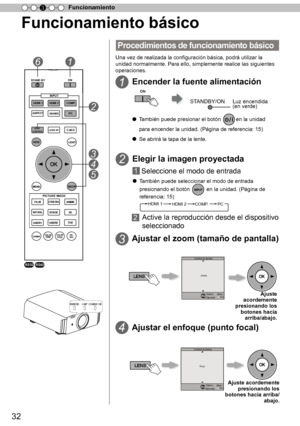 Page 18832
Funcionamiento
3
Funcionamiento básico
P ro ced im ie n to s d e f u ncio nam ie n to  b ásic o
WARNINGLAMPSTANDBY/ON
Una vez de realizada la configuración básica, podrá utilizar la 
unidad normalmente. Para ello, simplemente realice las siguientes 
operaciones.
1
2
3
Encender la fuente alimentación
ON
STANDBY/ON Luz encendida  
(en verde)
Ô  También puede presionar el botón en la unidad 
para encender la unidad.  (Página de referencia: 15)
Ô Se abrirá la tapa de la lente.
Elegir la imagen...