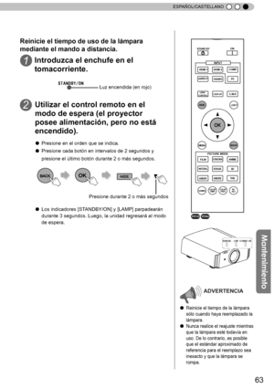 Page 21963
ESPAÑOL/CASTELLANO
WARNINGLAMPSTANDBY/ON
ADVERTENCIA
Ô Reinicie el tiempo de la lámpara 
sólo cuando haya reemplazado la 
lámpara.
Ô Nunca realice el reajuste mientras 
que la lámpara esté todavía en 
uso. De lo contrario, es posible 
que el estándar aproximado de 
referencia para el reemplazo sea 
inexacto y que la lámpara se 
rompa.
BACK
HIDE
LIGHT
LENS AP.C.M.D
  PC
HDMI 1
STAND BY
ASPECT
HDMI 2
ANAMO
COMP.
LENS.CONTROL
MENU
GAMMAP.FILE
COLORADJ. PIC.
      ON
FILM
NATURALSTAGE
3D
USER1 USER2...