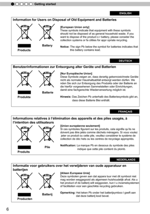 Page 66
Getting started
ENGLISH
Information for Users on Disposal of Old Equipment and Batteries
                                                                      [European Union only]
                                                                                 These symbols indicate that equipment with these symbols                                                                 should no\
t be disposed of as general household waste. If you...