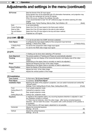 Page 5252
Operation
3
A dju stm en ts  a n d s ettin gs in  t h e m en u ( c o ntin ued )
3D Format Sets the format of the 3D input signal.
Some signals may not be appended with 3D information themselves, and pro\
jection may 
fail if they are recognized as normal 2D signals. 
When this occurs, configure the settings manually.
(*) It is recommended to read "On 3D" (reference page: 53) before wa\
tching 3D video 
images.
Settings: Auto, Frame Packing, Side by Side, Top & Bottom, 2D 
[Auto] 
Auto Is set...