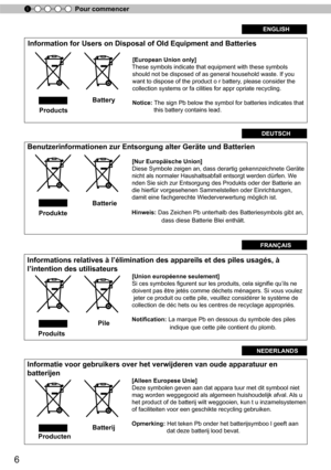 Page 846
Pour commencer
ENGLISHENGLISH
Information for Users on Disposal of Old Equipment and Batteries
                                                                      [European Union only]
                                                                                 These symbols indicate that equipment with these symbols                                                                 should not be disposed of as general household waste. If you...