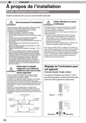 Page 9820
Préparation
2
 
À propos de l ’
installation
Points importants avant l'installation
Cette unité est un appareil de précision. Dès lors, veuillez 
éviter de l ’
installer ou de l ’
utiliser dans les endroits 
suivants. V ous vous exposeriez sinon à un risque 
d ’
incendie ou de dysfonctionnement.
• Endroits poussiéreux, mouillés et humides• Endroits avec présence de suie ou enfumés• Sur la surface d ’
un tapis ou d ’
un lit, ou tout autre surface 
douce
• Les endroits soumis à des températures...