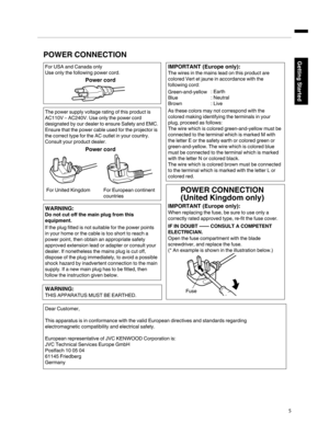 Page 5  Power cord
  Power cord
For European continent 
countries For United Kingdom
Green-and-yellow
Blue
Brown
Fuse: Earth
: Neutral
: Live
POWER CONNECTION
WARNING:
WARNING:
Do not cut off the main plug from this 
equipment.
The power supply voltage rating of this product is 
AC110V – AC240V. Use only the power cord 
designated by our dealer to ensure Safety and EMC. 
Ensure that the power cable used for the projector is 
the correct type for the AC outlet in your country. 
Consult your product dealer.
If...