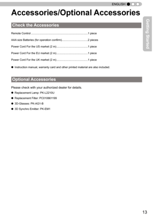 Page 1313
ENGLISH
Accessories/Optional Accessories
Remote Control ........................................................................\
.. 1 piece
AAA size Batteries (for operation confirm) ..................................2 pieces
Power Cord For the US market (2 m)  .........................................1 piece
Power Cord For the EU market (2 m)  .........................................1 piece
Power Cord For the UK market (2 m)  .........................................1 piece
● Instruction manual,...