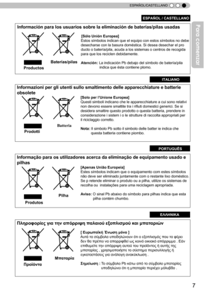 Page 1637
ESPAÑOL/CASTELLANO
Información para los usuarios sobre la eliminación de baterías/pilas usadas
                                                   
[Sólo Unión Europea]      
                                                              Estos sí\
mbolos indican que el equipo con estos símbolos no debe
                                                              desecharse\
 con la basura doméstica. Si desea desechar el pro
                                                              ducto o ba\...