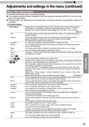 Page 4545
ENGLISH
Adju stm en ts  a n d s ettin gs in  t h e m en u ( c o ntin ued )
Menu item description
All numbers for the items within [  ]are default settings.
● It is possible to operate all items displayed in the menu display by pressing OK/BACK or the cursor (up, 
down, left, right arrows).
● Displayed items vary depending on the selected item in the menu and type of input signal or absence of 
any signal.
[1] Picture  Adjust
Picture Mode Please refer to the description of each mode, and then use the...