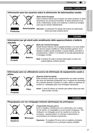 Page 857
FRANÇAIS
Información para los usuarios sobre la eliminación de baterías/\
pilas usadas
                                                   
[Sólo Unión Europea]     
                                                              Estos símbolos indican que el equipo con estos símbolos no debe
                                                              desecharse con la basura doméstica. Si desea desechar el pro
                                                              ducto o batería/pila, acuda a...