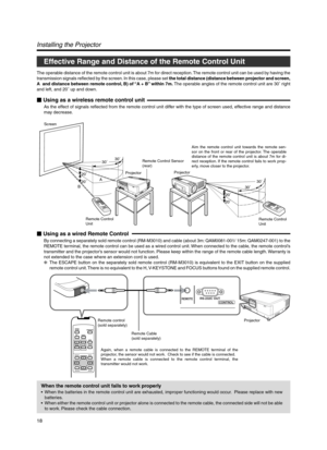 Page 1818
QUICK ALIGN. PCVIDEOVOLUME
PRESET
HIDE MENU
EXIT FREEZE
O
P
E
R
A
T
EV-KEYSTONEH-KEYSTONES
C
R
E
E
NDIGITAL
ZOOMFOCUSW
S
E
N
T
E
R
Screen
ProjectorProjector
Remote Control
UnitRemote Control Sensor
(rear)
20˚
20˚30˚
A
B
30˚
QU
ICK AL
IGN. PCVID
EOV
O
L
U
M
EPRES
ET
HIDE MENU
E
XIT FR
EEZEOPERATEV
-
K
E
Y
S
T
O
N
EH
-
K
E
Y
S
T
O
N
ESCREENDIGITAL
ZOOMFOCUSW
SENTER
30˚
20˚
20˚
30˚
Aim the remote control unit towards the remote sen-
sor on the front or rear of the projector. The operable 
distance of the...