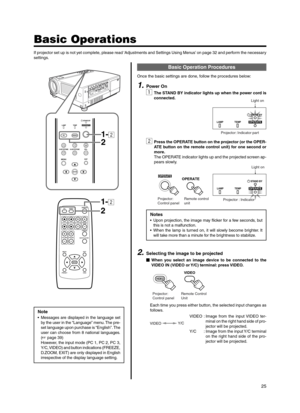 Page 2525
MENU
V-KEYSTONEPC LAMP
H-KEYSTONE VOL.
EXIT
ENTER
VIDEO
TEMPSTAND BYOPERATE
1-2
2
QUICK ALIGN. PC VIDEOVOLUME
PRESET HIDE
ENTER
MENU EXITFREEZE
OPERATE
V-KEYSTONEH-KEYSTONESCREENDIGITAL
ZOOM
FOCUS
W
S
1-2
2
LAMP TEMPSTAND BYOPERATE
Light on
  Projector: Indicator part
LAMP TEMPSTAND BYOPERATE
Light on
OPERATEOPERATE
Projector: 
Control panelRemote control 
unitProjector : Indicator
Basic Operations
Note
•Messages are displayed in the language set
by the user in the “Language” menu. The pre-
set...