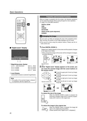 Page 2828
QUICK ALIGN. PC VIDEOVOLUME
PRESET HIDE
ENTER
MENU EXITFREEZE
OPERATE
V-KEYSTONEH-KEYSTONESCREENDIGITAL
ZOOM
FOCUS
W
S
Digital zoom   X1.2
Direction buttons available
DIGITAL
ZOOM
Remote Control 
Unitx 2.0
Digital zoom   X1.2Direction buttons availableDigital zoom   X2Direction buttons available
ENTER
Remote Control Unit
Digital zoom   X1.2Direction buttons availableDigital zoom   X2Direction buttons available
DIGITAL
ZOOM
PRESET
Frequently used Convenient Functions
When an image is projected onto the...