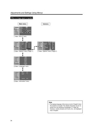 Page 3434
Adjustments and Settings Using Menus
 When no image signal is inputted
Note
•The display language of the menus is set to “English” when
the projector is bought. The display language can be se-
lected from the following 8 languages. (☞ page 39)
However, certain phrases and nouns, etc., are displayed
only in English.
1 Main: “Set up” menu
9 Main: “Options” menu (”Page 1”)
w Main: “Language” menu
e Main: “Information” menu
qMain: “Options” menu (“Page 2”)
A
GBR
ENTERENTER
1:1PanelAspect
LowStdHighSTBP 12...