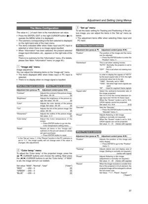 Page 3737
Adjustment and Setting Using Menus
3“Set up” menu
To set the basic setting for Tracking and Positioning of the pic-
ture image, you can adjust the items in the “Set up” menu as
below.
•The adjustment items differ when selecting Video input and
PC input.
When Video input is selected
Adjustment item (press/)Adjustment content (press/)
“Position” The position of the image and the menu
can be adjusted.
[ Press the ENTER button to enter the
     “Position” menu 4.
“Deinterlace” This is set when viewing...