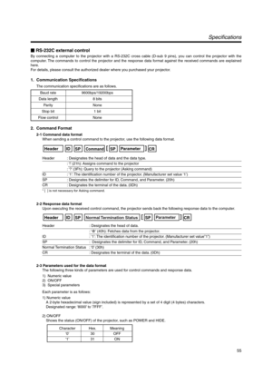 Page 5555
Specifications
 RS-232C external control
By connecting a computer to the projector with a RS-232C cross cable (D-sub 9 pins), you can control the projector with the
computer. The commands to control the projector and the response data format against the received commands are explained
here.
For details, please consult the authorized dealer where you purchased your projector.
1. Communication Specifications
The communication specifications are as follows.
Baud rate 9600bps/19200bps
Data length 8 bits...