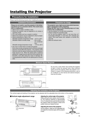 Page 1515
Precautions for Installation
Installing the Projector
Please read the following properly when installing the projector.
Installation Environment
Please do not install or use this projector in the follow-
ing places as it is a precision device. This could cause
fire or a malfunction.
•Where there is water, humidity or dust.
•Where the projector may be subjected to oil, smoke or
cigarette smoke.
•On a soft surface such as a carpet or cushion
•Where the projector may be subjected to direct sunlight....