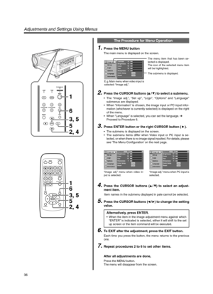 Page 3636
QUICK ALIGN. PC VIDEOVOLUME
PRESET HIDE
ENTER
MENU EXITFREEZE
OPERATE
V-KEYSTONEH-KEYSTONESCREENDIGITAL
ZOOM
FOCUS
W
S
MENU
V-KEYSTONEPC LAMP
H-KEYSTONE VOL.MENU
EXIT
ENTER
VIDEO
TEMPSTAND BYOPERATE
2, 4 3, 5 6 1
5
1
6
2, 4 3, 5
5
A
12
12
1 12
12
ENTERENTER
Image adj.
Set up
Logo
Options
Language
InformationContrast     
Brightness     
Color     
Tint     
Sharpness     
Color temp.     
Reset     
A
12
12
1 12
ENTERENTER
Image adj.
Set up
Logo
Options
Language
InformationContrast     
Brightness...