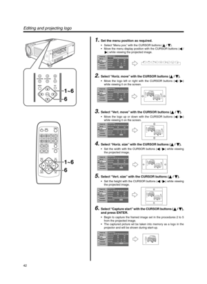 Page 4242
MENU
V- K EYSTONE H-KEYSTONE VOL.
EXIT
ENTER1~6
6
QUICK ALIGN. PC VIDEOVOLUME
PRESET HIDE
ENTER
MENU EXITFREEZE
OPERATE
V-KEYSTONEH-KEYSTONESCREENDIGITAL
ZOOM
FOCUS
W
S
1~6
6
´
´ ´ ´ ´ ´ ´´
Image adj.
Set up
Logo
Options
Language
Information
AENTERENTER
(-) (+)12(-) (+)12
GBR
Capture menu     
Menu pos.     
Horiz.move     
Vert.move     
Horiz.size     
Vert.size     
Capture start     
Image adj.
Set up
Logo
Options
Language
Information
AENTER
(-) (+)12(-) (+)12
GBR
Capture menu     
Menu pos....