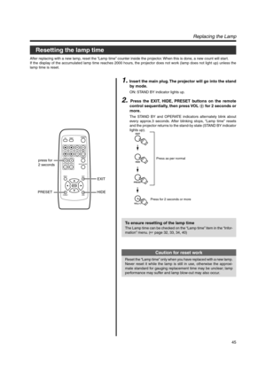 Page 4545
QUICK ALIGN. PC VIDEOVOLUME
PRESET HIDE
ENTER
MENU EXITFREEZE
OPERATE
V-KEYSTONEH-KEYSTONESCREENDIGITAL
ZOOM
FOCUS
W
S
PRESET HIDEEXIT press for 
2 seconds
EXIT
PRESETHIDE
VOL(   )
Press as per normal
Press for 2 seconds or more
Replacing the Lamp
1. Insert the main plug. The projector will go into the stand
by mode.
ON: STAND BY indicator lights up.
2. Press the EXIT, HIDE, PRESET buttons on the remote
control sequentially, then press VOL 
ª for 2 seconds or
more.
The STAND BY and OPERATE indicators...