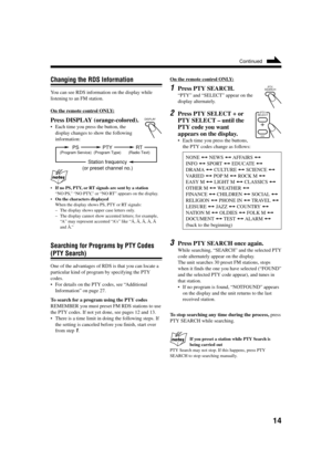 Page 1714
DISPLAY
PS(Program Service)PTY(Program Type)RT(Radio Text)
Station frequency
(or preset channel no.)
Changing the RDS Information
You can see RDS information on the display while
listening to an FM station.
On the remote control ONLY:
Press DISPLAY (orange-colored).
• Each time you press the button, the
display changes to show the following
information:
• If no PS, PTY, or RT signals are sent by a station
“NO PS, ” “NO PTY, ” or  “NO RT”  appears on the display.
• On the characters displayed
When the...