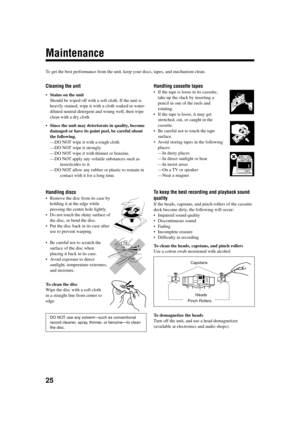 Page 2825
Maintenance
To get the best performance from the unit, keep your discs, tapes, and mechanism clean.
Handling cassette tapes
•If the tape is loose in its cassette,
take up the slack by inserting a
pencil in one of the reels and
rotating.
• If the tape is loose, it may get
stretched, cut, or caught in the
cassette.
• Be careful not to touch the tape
surface.
• Avoid storing tapes in the following
places:
—In dusty places
—In direct sunlight or heat
—In moist areas
—On a TV or speaker
—Near a magnet
To...