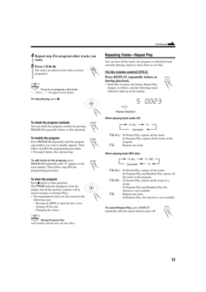 Page 1512
Repeating Tracks—Repeat Play
You can have all the tracks, the program or individual track
currently playing, repeat as many times as you like.
On the remote control ONLY:
Press REPEAT repeatedly before or
during playback.
•Each time you press the button, Repeat Play
changes as follows, and the following repeat
indicators light up on the display:
When playing back audio CD:
 ALL: In Normal Play, repeats all the tracks.
In Program Play, repeats all the tracks in the
program.
 : Repeats one track.
When...