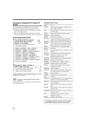 Page 2017
Searching for Programs by PTY Codes (PTY
Search)
One of the advantages of RDS is that you can locate a
particular kind of program by specifying the PTY codes.
•For details on the PTY codes, see “
Description of the PTY
codes
” on the right column.
•There is a time limit in doing the following steps. If the
setting is canceled before you finish, start over from step 
1.
On the remote control ONLY:
1Press RDS SEARCH repeatedly
until the PTY code you want
appears on the display.
•Each time you press the...