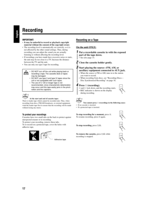 Page 2217
English
IMPORTANT:
•It may be unlawful to record or playback copyright
material without the consent of the copyright owner.
•The recording level is automatically set correctly, so it is
not affected by the other sound settings. Thus, during
recording you can adjust the sound you are actually
listening to without affecting the recording level.
•If recordings you have made have excessive noise or static,
the unit may be too close to a TV. Increase the distance
between the TV and the unit.
•You can only...