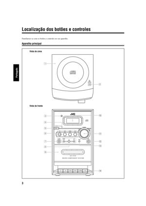 Page 523
Português
Localização dos botões e controles
Familiarize-se com os botões e controles no seu aparelho.
Aparelho principal
OPEN
COMPACT
DIGITAL AUDIO
1
2
COMPACTDIGITAL AUDIO
STANDBY
CD
PHONES DOWN
4
#/8
7¢TIMER UP AUX TAPE FM/AM AUX
VOLUME
+ —
UX–H100
MICRO COMPONENT SYSTEM
3
4
5
6
7
9 8
rq
w
e
p
Vista de cima
Vista de frente
PR01-05_UX-H100[UW]f.p6524/3/04, 9:32 AM 3 