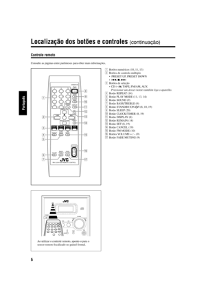 Page 545
Português
Controle remoto
Consulte as páginas entre parênteses para obter mais informações.
COMPACTDIGITAL AUDIO
STANDBY
CD
PHONES DOWN
4
#/8
7¢TIMER UP AUX TAPE FM/AM AUX
VOLUME+ —
Ao utilizar o controle remoto, aponte-o para o
sensor remoto localizado no painel frontal.1Botões numéricos (10, 11, 13)
2Botões de controlo múltiplo
•  PRESET UP, PRESET DOWN
•4, 7, ¢
3Botões de seleção
•CD #¥8, TAPE, FM/AM, AUX
Pressionar um desses botões também liga o aparelho.
4Botão REPEAT (14)
5Botão PLAY MODE (11,...