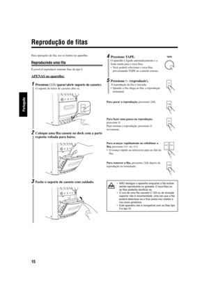 Page 6415
Português
4Pressione TAPE.
O aparelho é ligado automaticamente e a
fonte muda para o toca-fitas.
• Você poderá selecionar o toca-fitas
pressionando TAPE no controle remoto.
5Pressione # (reproduzir).
A reprodução da fita é iniciada.
• Quando a fita chega ao fim, a reprodução
terminará.
Para parar a reprodução, pressione &/).
Para fazer uma pausa na reprodução,
pressione *.
Para retomar a reprodução, pressione *
novamente.
Para avançar rapidamente ou rebobinar a
fita, pressione ⁄ ou !.
• O avanço...