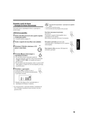 Page 6718
Português
Você não deverá pressionar ‡ (gravação) nos seguintes
casos:
• Se não houver uma fita inserida.
• Se for inserida uma fita protegida contra gravação.
Para fazer uma pausa na gravação,
pressione *.
A gravação é suspensa (interrompida), mas a
reprodução do CD continua.
Para retomar a gravação, pressione * novamente.
Para parar a gravação, pressione &/).
A gravação pára e a reprodução do CD é suspensa
(interrompida).
Para remover a fita, pressione &/) depois de
terminada a gravação.
REC
CD
#/8...