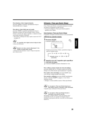 Page 6920
Português
Para desativar o timer temporariamente,
pressione TIMER no aparelho repetidamente até que o
indicador 
 (timer) se apague.
Para alterar o timer diário que será usado,
pressione TIMER no aparelho repetidamente até que o
indicador do número do timer desejado comece a piscar.
O timer é ativado após alguns segundos e o número do timer
selecionado permanece iluminado.
• Para alterar a definição do timer, repita os passos de 
1 a 7
na página 19.
Se o aparelho estiver ligado na hora de ligar do...