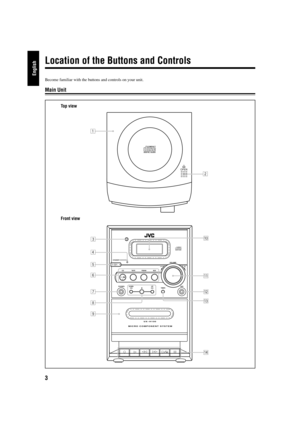 Page 83
English
Location of the Buttons and Controls
Become familiar with the buttons and controls on your unit.
Main Unit
OPEN
COMPACT
DIGITAL AUDIO
1
2
COMPACTDIGITAL AUDIO
STANDBY
CD
PHONES DOWN
4
#/8
7¢TIMER UP AUX TAPE FM/AM AUX
VOLUME
+ —
UX–H100
MICRO COMPONENT SYSTEM
3
4
5
6
7
9 8
rq
w
e
p
Top view
Front view
01-05_UX-H100[U].p6504.3.24, 0:02 PM 3 