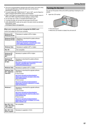 Page 150This unit is not guaranteed to operate with all SD cards, even when using
the ones specified above. Some SD cards may not work due to
specification changes, etc.
0 To record videos with “VIDEO QUALITY” set to “UXP”, use of a Class 6 or
higher compliant SDHC/SDXC card is recommended.
0 Class 4 and Class 6 are guaranteed to have a minimum transfer rate of 4
MB/s and 6 MB/s respectively during reading or writing of data.
0 You can also use a Class 10 compliant SDHC/SDXC card.
0 To protect the data, do not...