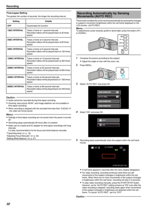 Page 32Time-Lapse Setting
The greater the number of seconds, the longer the recording interval.
SettingDetailsOFFDeactivates the function.1SEC INTERVALTakes a frame at 1-second intervals.
Recorded videos will be played back at 30 times
speed.2SEC INTERVALTakes a frame at 2-second intervals.
Recorded videos will be played back at 60 times
speed.5SEC INTERVALTakes a frame at 5-second intervals.
Recorded videos will be played back at 150 times
speed.10SEC INTERVALTakes a frame at 10-second intervals.
Recorded...