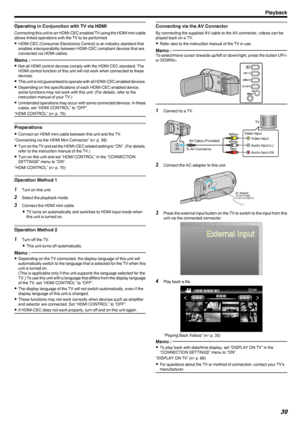 Page 39Operating in Conjunction with TV via HDMI
Connecting this unit to an HDMI-CEC enabled TV using the HDMI mini cableallows linked operations with the TV to be performed.
0 HDMI-CEC (Consumer Electronics Control) is an industry standard that
enables interoperability between HDMI-CEC compliant devices that are
connected via HDMI cables.
Memo : 
0 Not all HDMI control devices comply with the HDMI-CEC standard. The
HDMI control function of this unit will not work when connected to these
devices.
0 This unit is...