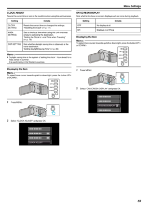 Page 63CLOCK ADJUST
Resets the current time or sets to the local time when using this unit overseas.
SettingDetailsCLOCK
SETTINGResets the current time or changes the settings.
“Resetting the Clock” ( A p. 17)AREA
SETTINGSets to the local time when using this unit overseas
simply by selecting the destination.
“Setting the Clock to Local Time when Traveling”
( A  p. 19)DST SETTINGSets whether daylight saving time is observed at the
travel destination.
“Setting Daylight Saving Time” ( A p. 20)Memo : 
0
Daylight...