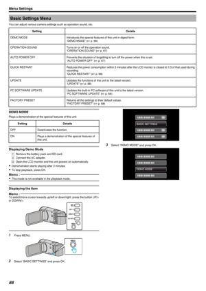 Page 66Basic Settings Menu
You can adjust various camera settings such as operation sound, etc.SettingDetailsDEMO MODEIntroduces the special features of this unit in digest form.
“DEMO MODE” ( A p. 66)OPERATION SOUNDTurns on or off the operation sound.
“OPERATION SOUND” ( A p. 67)AUTO POWER OFFPrevents the situation of forgetting to turn off the power when this is set.
“AUTO POWER OFF” ( A p. 67)QUICK RESTARTReduces the power consumption within 5 minutes after the LCD monitor is closed to 1/3 of that used...