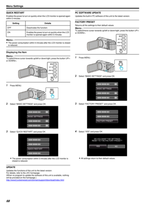 Page 68QUICK RESTART
Enables the power to turn on quickly when the LCD monitor is opened againwithin 5 minutes.
SettingDetailsOFFDeactivates the function.ONEnables the power to turn on quickly when the LCD
monitor is opened again within 5 minutes.Memo : 
0 The power consumption within 5 minutes after the LCD monitor is closed
is reduced.
Displaying the Item
Memo : To select/move cursor towards up/left or down/right, press the button UP/<
or DOWN/>.
.1Press MENU.
.
2Select “BASIC SETTINGS” and press OK.
....