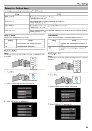 Page 69Connection Settings Menu
You can adjust various settings for connecting to a TV or DVD recorder.SettingDetailsDISPLAY ON TVDisplays icons and date/time on a TV screen.
“DISPLAY ON TV” ( A p. 69)VIDEO OUTPUTSets the aspect ratio (16:9 or 4:3) according to the connecting TV.
“VIDEO OUTPUT” ( A p. 69)HDMI OUTPUTSets the definition of the video output from the HDMI mini connector.
“HDMI OUTPUT” ( A p. 70)HDMI CONTROLSets the linked operations ON/OFF when the TV and this unit are connected using the HDMI mini...