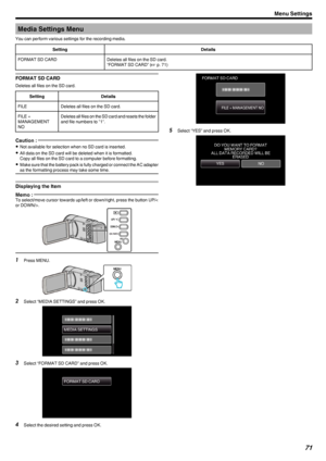 Page 71Media Settings Menu
You can perform various settings for the recording media.SettingDetailsFORMAT SD CARDDeletes all files on the SD card.
“FORMAT SD CARD” ( A p. 71)FORMAT SD CARD
Deletes all files on the SD card.
SettingDetailsFILEDeletes all files on the SD card.FILE +
MANAGEMENT
NODeletes all files on the SD card and resets the folder
and file numbers to "1".Caution : 
0 Not available for selection when no SD card is inserted.
0 All data on the SD card will be deleted when it is formatted....