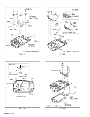 Page 141-14 (No.YF200)Fig.3-2-20-1
Fig.3-2-20-2Fig.3-2-21
Fig.3-2-22
NOTE27a
NOTE27b
NOTE27c
NOTE27c
[27]
L27
n
CN27bCN27a FPC m 70
(S27) 71
(S27)72
(S27)73
(S27)
CN27c
n
p
0.176 Nnm (1.8kgfncm)
WIRE(MIC)SW(LCD O/C)
p
m
CN27a
FPCFPC
WIRE(SPEAKER)CN27c
CN27b
CN27a
NOTE27c
FPC SW
OPE
BOARD ASSY BOARD ASSY
WIRE
(SPEAKER)
NOTE28
[29]74
(S28) 77
(S29) 76
(S29) 75
(S29)
L29a
L29b
L28bL28a
[28]
0.147 Nnm (1.5kgfncm)
COVER (REAR) ASSY
NOTE30bNOTE30a
[30]
78
(S30)
79
(S30)
FPC COVER(UPPER)
0.245 Nnm (2.5kgfncm) 