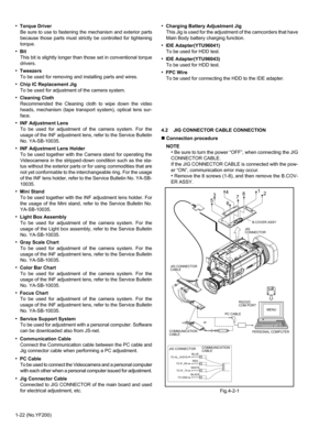 Page 221-22 (No.YF200)
•  Torque Driver
Be sure to use to fastening the mechanism and exterior parts
because those parts must strictly be controlled for tightening
torque.
•  Bit
This bit is slightly longer than those set in conventional torque
drivers.
•  Tweezers
To be used for removing and installing parts and wires.
•  Chip IC Replacement Jig
To be used for adjustment of the camera system.
•  Cleaning Cloth
Recommended the Cleaning cloth to wipe down the video
heads, mechanism (tape transport system),...