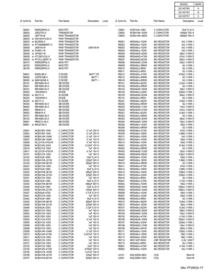 Page 42(No.YF200)3-17
Q6501 RSR025P03-X MOS FET
Q6502 2SD2703-X TRANSISTOR
Q6503 UMT1N-W PAIR TRANSISTOR
Q6503 or HN1A01FU/G/-X PAIR TRANSISTOR
Q6503 or BC856S-X PAIR TRANSISTOR
Q6503 or RT3AMMM/EF/-X PAIR TRANSISTOR
Q6505 UMX1N-W PAIR TRANSISTOR UMX1N-W
Q6505 or PUMX1-W PAIR TRANSISTOR
Q6505 or XP4501-W PAIR TRANSISTOR
Q6505 or KTC801U/G/-X PAIR TRANSISTOR
Q6505 or RT3CLLM/EF/-X PAIR TRANSISTOR
Q6701 RSR025P03-X MOS FET
Q6702 RSR025P03-X MOS FET
Q6703 RSR025P03-X MOS FET
D6001 EMZ6.8N-X Z DIODE BATT T/D
D6002...