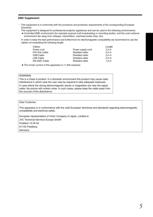 Page 55
EMC Supplement
-This equipment is in conformity with the provisions and protection requirements of the corresponding European 
Directives.
This equipment is designed for professional projector appliances and can be used in the following environments.
●Controlled EMC environment (for example purpose built broadcasting or recording studio), and the rural outdoors 
environment (far away from railways, transmitters, overhead power lines, etc).
In order to keep the best performance and furthermore for...