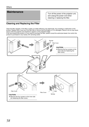 Page 5858
Others
Cleaning and Replacing the Filter
Clean the filter regularly. If the filter is soiled, air intake efficiency may deteriorate, thus resulting in malfunction of the 
product. Replace with a new one if the filter fails to remove dust thoroughly or if it is damaged. Failure to do so may cause 
dust to enter the projector and shadows to appear on the projected image.
If dirt has entered this product or if you need to purchase the filter, please consult the authorized dealer from which this 
product...