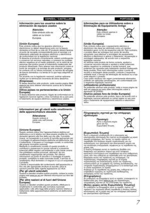 Page 77
ESPAÑOL / CASTELLANO
Información para los usuarios sobre la 
eliminación de equipos usados
[Unión Europea]
Este símbolo indica que los aparatos eléctricos y 
electrónicos no deben desecharse junto con la basura 
doméstica al final de su vida útil. El producto deberá llevarse 
al punto de recogida correspondiente para el reciclaje y el 
tratamiento adecuado de equipos eléctricos y electrónicos 
de conformidad con la legislación nacional.
Si desecha el producto correctamente, estará contribuyendo 
a...