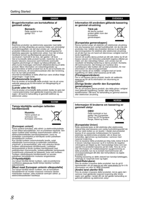 Page 88
Getting Started
DANSK
Brugerinformation om bortskaffelse af 
gammelt udstyr
[EU]
Elektriske produkter og elektroniske apparater med dette 
symbol må ikke afhændes på samme måde som almindeligt 
husholdningsaffald, når det skal smides ud. I stedet skal 
produktet indleveres på det relevante indsamlingssted for 
elektriske apparater og elektronisk udstyr, hvor det vil blive 
håndteret korrekt og efterfølgende genanvendt og 
recirkuleret i henhold til de love, der gælder i dit land.
Ved at bortskaffe...