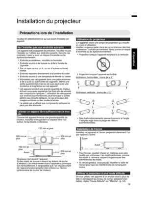 Page 103Installation du projecteur
Précautions lors de l’installationVeuillez lire attentivement ce qui suit avant d’installer cet
appareil.
Ne l’installez pas aux endroits suivants
Cet appareil est un appareil de précision. Veuillez ne pas
l’installer ou l’utiliser aux endroits suivants. Dans le cas
contraire, il peut y avoir un risque d’incendie ou de
dysfonctionnement. 0 Endroits poussiéreux, mouillés ou humides
0 Endroits soumis à de la suie ou à de la fumée de
cigarette
0 Sur un tapis ou sur un lit, ou sur...