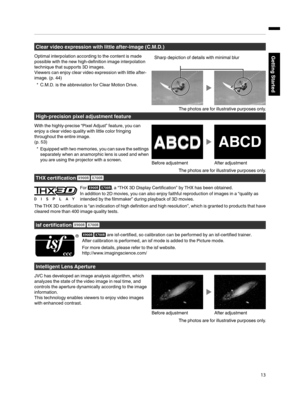 Page 13Clear video expression with little after-image (C.M.D.)
Optimal interpolation according to the content is made
possible with the new high-definition image interpolation
technique that supports 3D images.
Viewers can enjoy clear video expression with little after-
image. (p. 44) * C.M.D. is the abbreviation for Clear Motion Drive. High-precision pixel adjustment feature
With the highly-precise “Pixel Adjust” feature, you can
enjoy a clear video quality with little color fringing
throughout the entire...