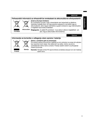 Page 177.
9IntroducciónMAGYAR
Felhasználói információ az elhasznált be rendezések és akkumulátorok elhelyezéséről
[Csak az Európai Unióban]
Ez a szimbólum azt jelzi, hogy a berendezés nem helyezhető az általános 
háztartási hulladék közé. Ha meg szeretne szabadulni a terméktől vagy az 
akkumulátortól, akkor legyen tekintettel az gyűjtő rendszerre vagy intézményekre 
a megfelelő hasznosítás érdekében.
Megjegyzés:Az alábbi Pb szimbólum - ha az akkum ulátoron megtalálható - azt 
jelzi, hogy az akkumulátor ólmot...